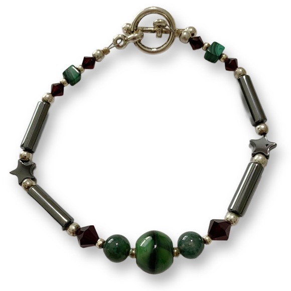 Artisan Green Cats Eyes Swarovski crystal Hematite Star Bracelet - Picture 2 of 3